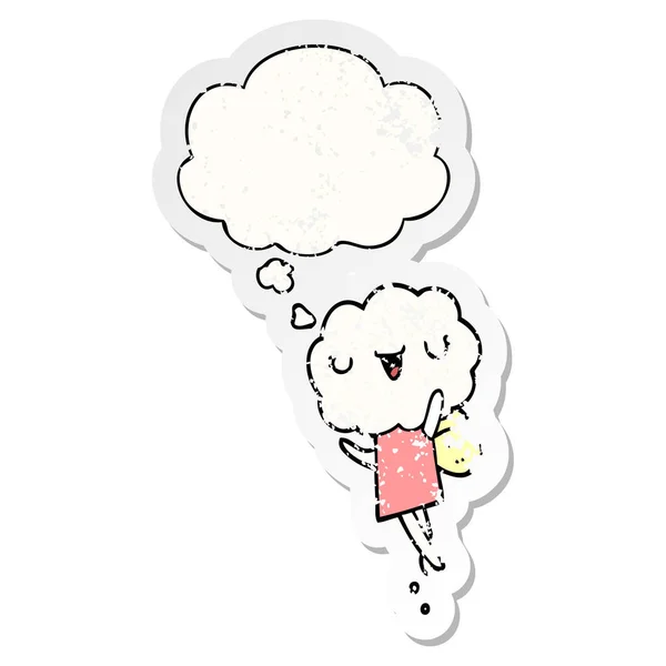 Cute cartoon cloud head creature and thought bubble as a distres — Stock Vector