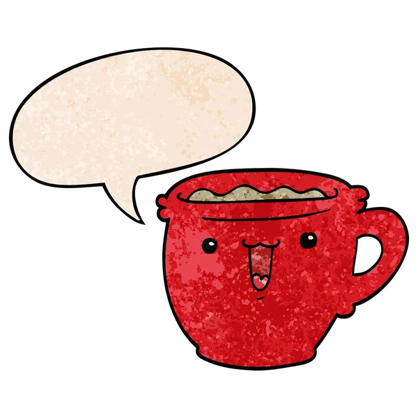 Linda taza de café de dibujos animados y burbuja del habla en estilo de textura retro — Vector de stock