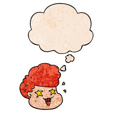 karikatür heyecanlı çocuk ve grunge doku desen kabarcık düşünce