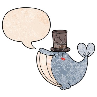 retro doku sty karikatür balina ve üst şapka ve konuşma balonu