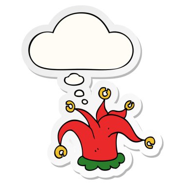 karikatür soytarı şapka ve baskılı bir etiket olarak kabarcık düşünce