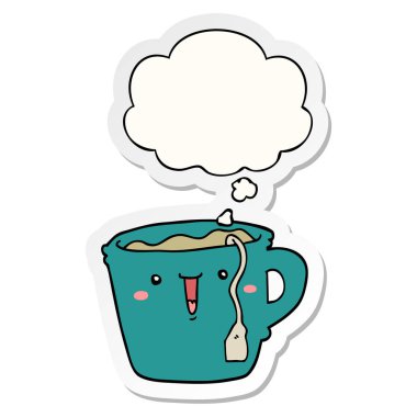 sevimli karikatür kahve fincanı ve baskılı bir etiket olarak kabarcık düşünce