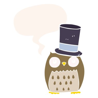 retro tarzında üst şapka ve konuşma balonu giyen karikatür baykuş