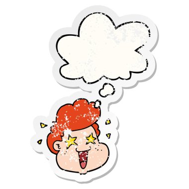 karikatür çocuk yüzü ve sıkıntılı bir yıpranmış sopa olarak kabarcık düşünce