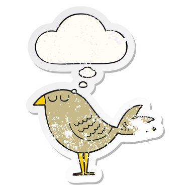 sıkıntılı bir yıpranmış etiket olarak karikatür kuş ve düşünce balonu
