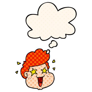 çizgi film çocuğunun yüzü ve çizgi roman tarzında düşünce balonu