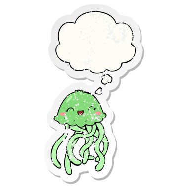 sevimli karikatür denizanası ve sıkıntılı bir yıpranmış olarak kabarcık düşünce