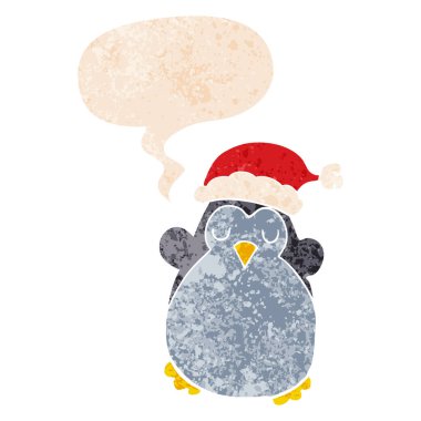 retro dokulu tarzı sevimli noel penguen ve konuşma balonu