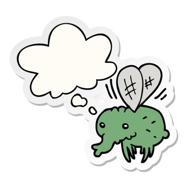 karikatür sinek ve basılı bir etiket olarak kabarcık düşünce