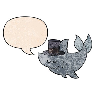 retro doku üst şapka ve konuşma balonu giyen karikatür köpekbalığı