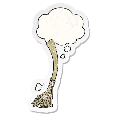 karikatür sihirli süpürge ve sıkıntılı yıpranmış stic olarak kabarcık düşünce