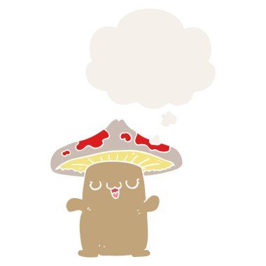 karikatür mantar yaratık ve retro tarzında kabarcık düşünce