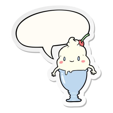 sevimli karikatür dondurma ve konuşma kabarcık etiket