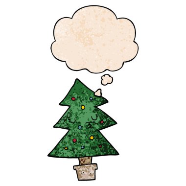 karikatür noel ağacı ve grunge doku patt düşünce balonu