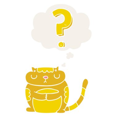 retro tarzında soru işareti ve düşünce balonu ile karikatür kedi