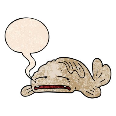 retro doku tarzında karikatür üzgün eski balık ve konuşma balonu