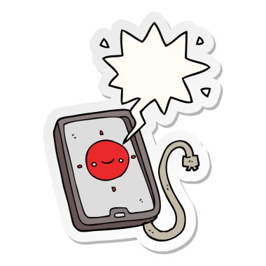 karikatür cep telefonu cihazı ve konuşma balonu etiket