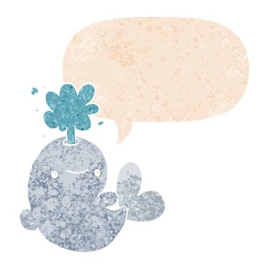 retro dokulu karikatür balina spouting su ve konuşma balonu