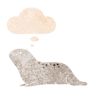 retro dokulu tarzda karikatür mühür ve düşünce balonu