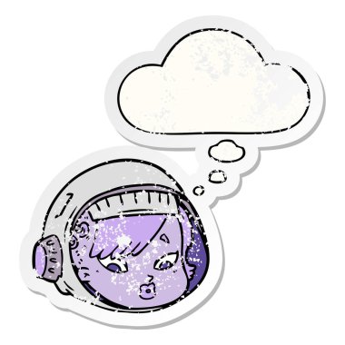 çizgi film astronot yüz ve sıkıntılı bir yıpranmış olarak kabarcık düşünce s