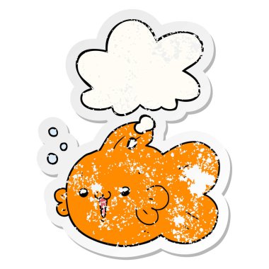 karikatür balık ve sıkıntılı yıpranmış etiket olarak kabarcık düşünce