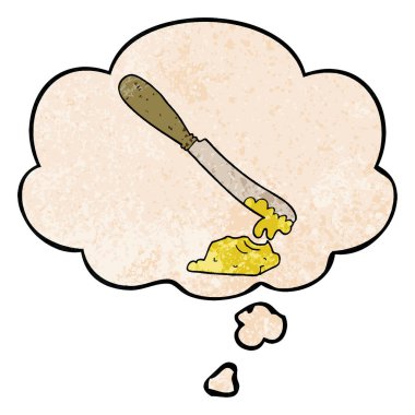 karikatür bıçak tereyağı ve grunge metin düşünce balonu yayılan