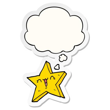 sevimli karikatür yıldızı ve baskılı bir etiket olarak kabarcık düşünce
