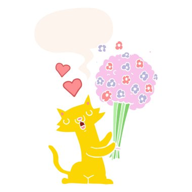 retro tarzında aşk ve çiçek ve konuşma balonu karikatür kedi