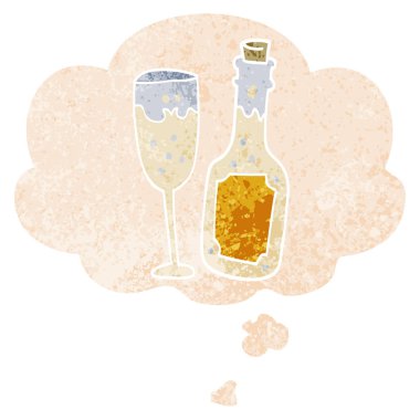karikatür şampanya şişesi ve cam ve retro t düşünce balonu