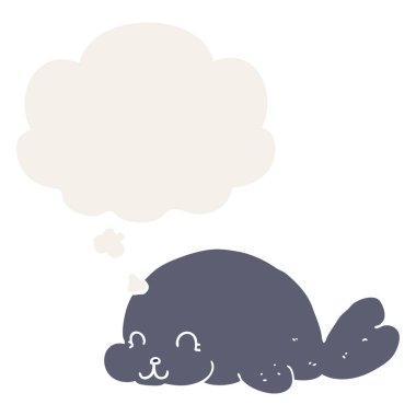 retro tarzında sevimli karikatür mühür ve düşünce balonu