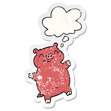 karikatür domuz ve sıkıntılı yıpranmış etiket olarak kabarcık düşünce