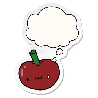 karikatür elma ve baskılı bir etiket olarak kabarcık düşünce