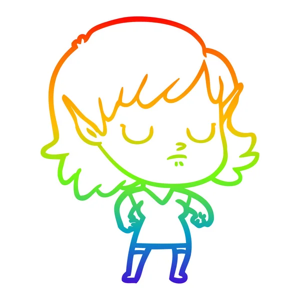 Arco iris gradiente línea dibujo dibujos animados elfo chica — Vector de stock