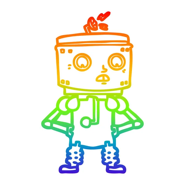 Rainbow gradient linje ritning tecknad robot med händerna på höfter — Stock vektor
