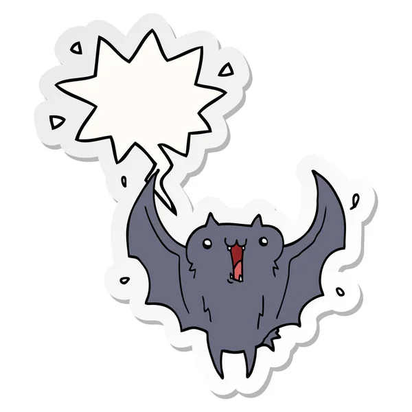 Dibujos animados murciélago vampiro feliz y pegatina de la burbuja del habla — Vector de stock