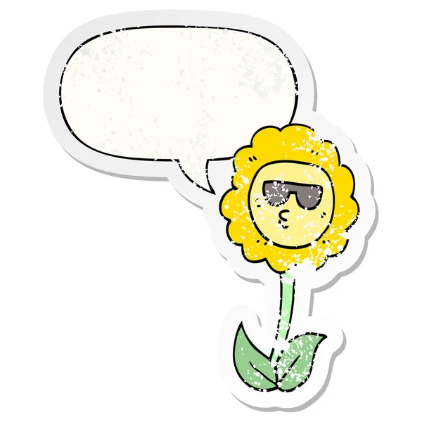 Cartoon bloem en toespraak bubble noodlijdende sticker — Stockvector