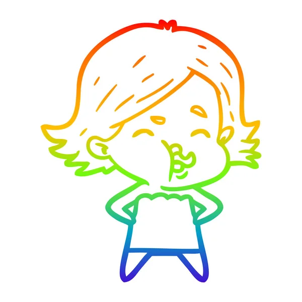 Arcobaleno gradiente linea disegno cartone animato ragazza tirando faccia — Vettoriale Stock