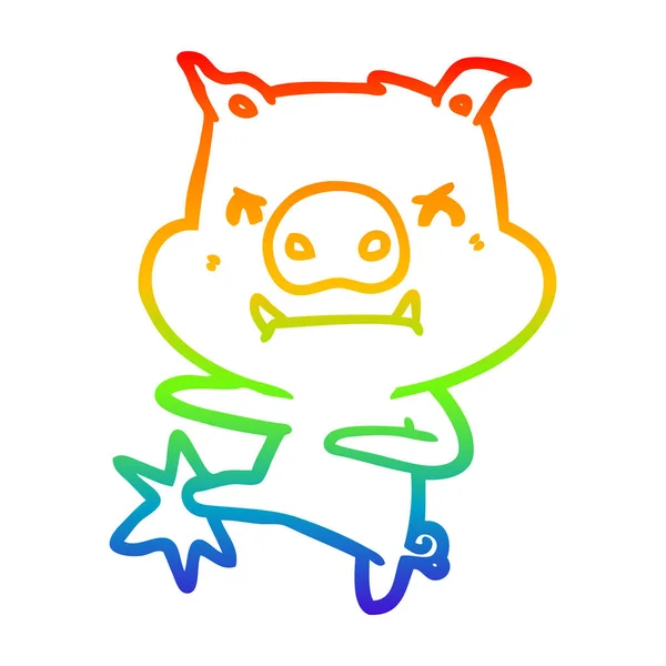 彩虹渐变线绘制愤怒的卡通猪空手道踢 — 图库矢量图片
