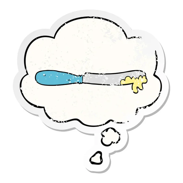 Cuchillo de mantequilla de dibujos animados y burbuja de pensamiento como un sti desgastado angustiado — Vector de stock