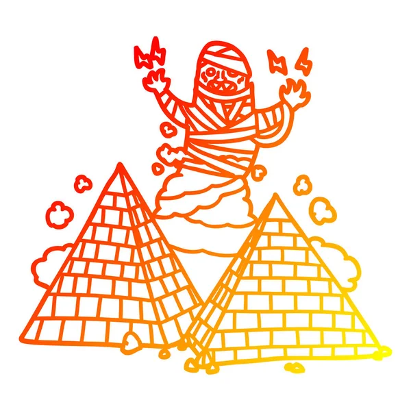 Тёплая градиентная линия рисования мультяшной мумии и пирамид — стоковый вектор