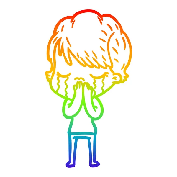 Regenboog gradiënt lijntekening cartoon vrouw huilen — Stockvector