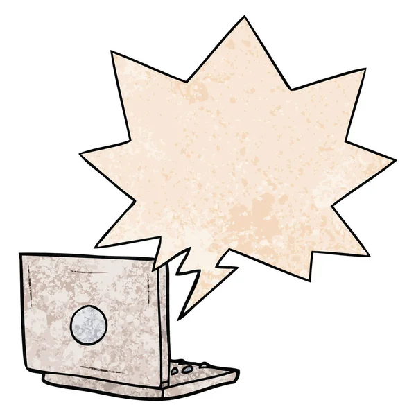 Computador portátil dos desenhos animados e bolha de fala em estilo de textura retro — Vetor de Stock