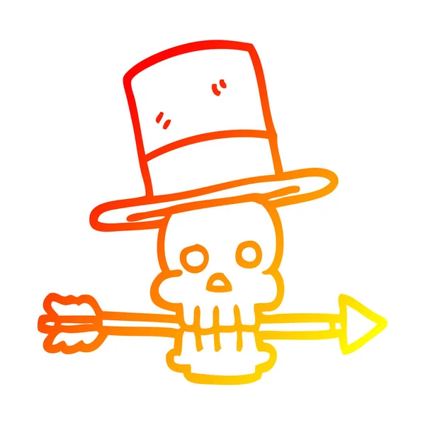 Calavera de dibujos animados de línea de gradiente caliente con sombrero de copa y flecha — Vector de stock