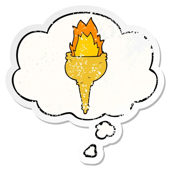 Cartoon flaming torch and thought bubble as a distressed worn st — Stock Vector