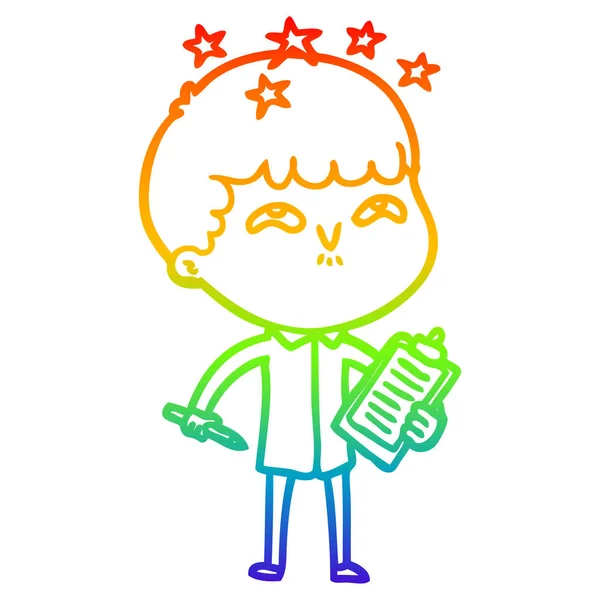 Arcobaleno gradiente linea disegno cartone animato stupito ragazzo — Vettoriale Stock