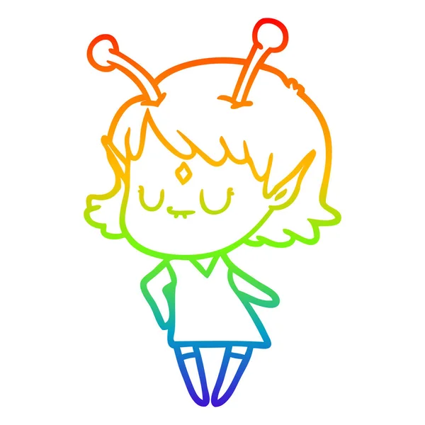 Rainbow gradient line drawing cartoon alien girl — Stock Vector