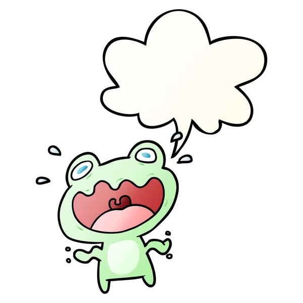 Sevimli karikatür kurbağa korkmuş ve pürüzsüz gradien konuşma balonu — Stok Vektör