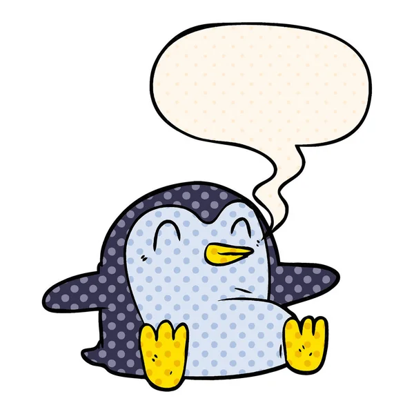 Pinguino dei cartoni animati e bolla vocale in stile fumetto — Vettoriale Stock
