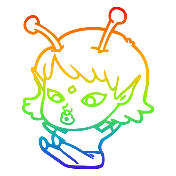 Rainbow gradient ligne dessin jolie dessin animé alien fille assis — Image vectorielle