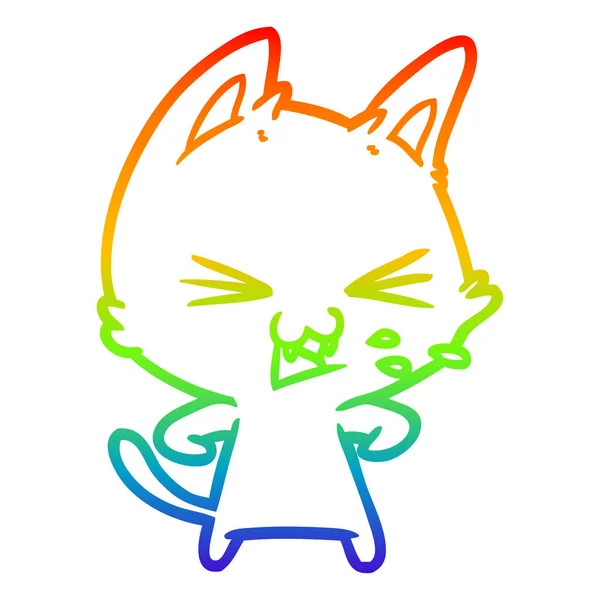 Rainbow gradient line drawing cartoon cat hissing — Stock Vector